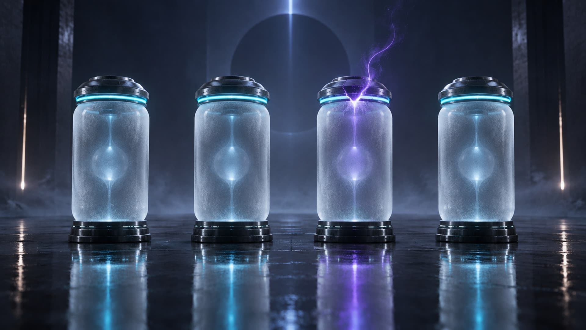 Four glowing containment capsules stand in a dark hall; three hold steady blue cores while the third is cracked at the rim with purple energy arcing out