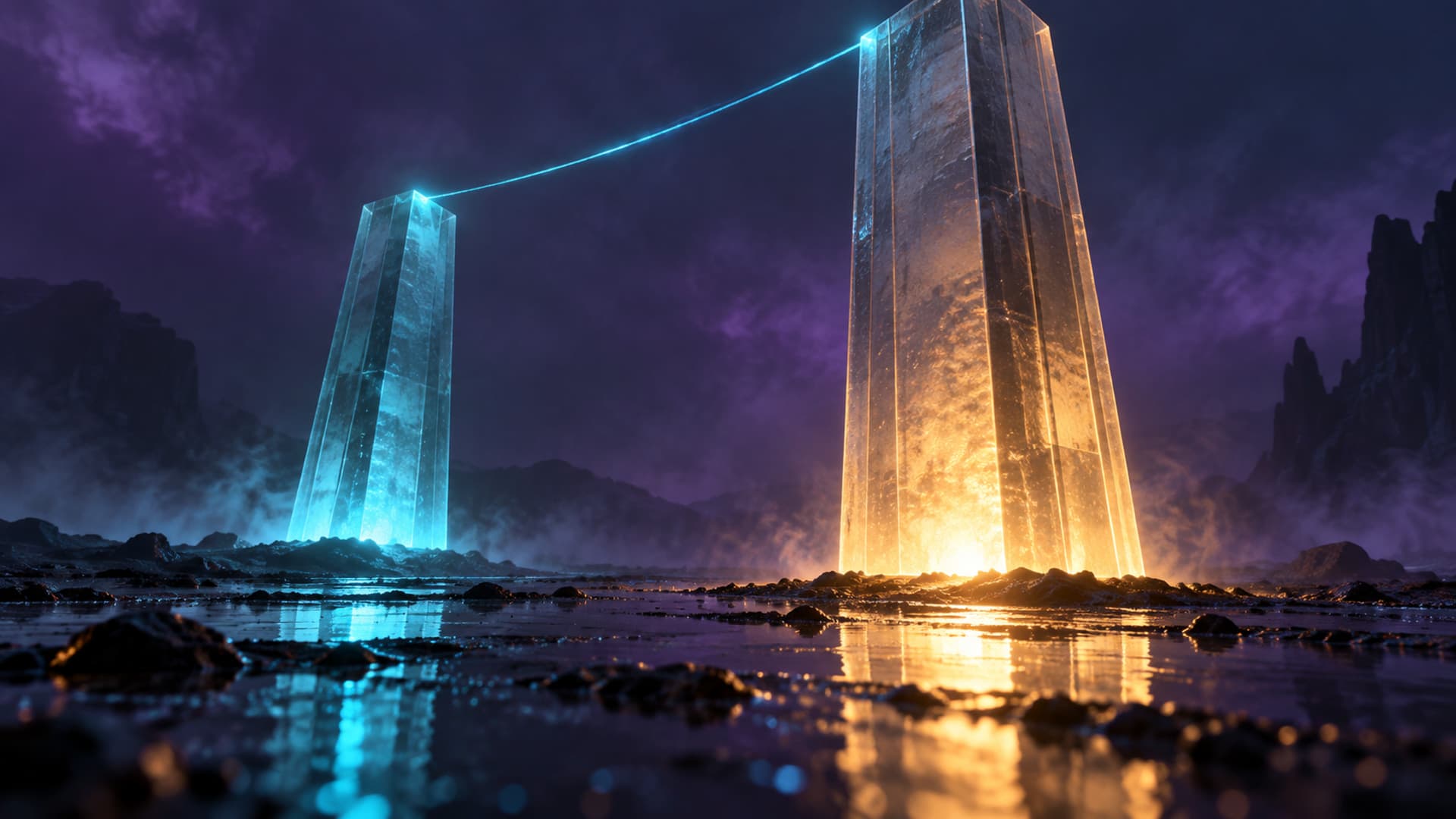 Two frosted glass towers on a wet plain, one glowing cyan and one amber, with a thin cyan thread between their tops and denser light pooling at each base