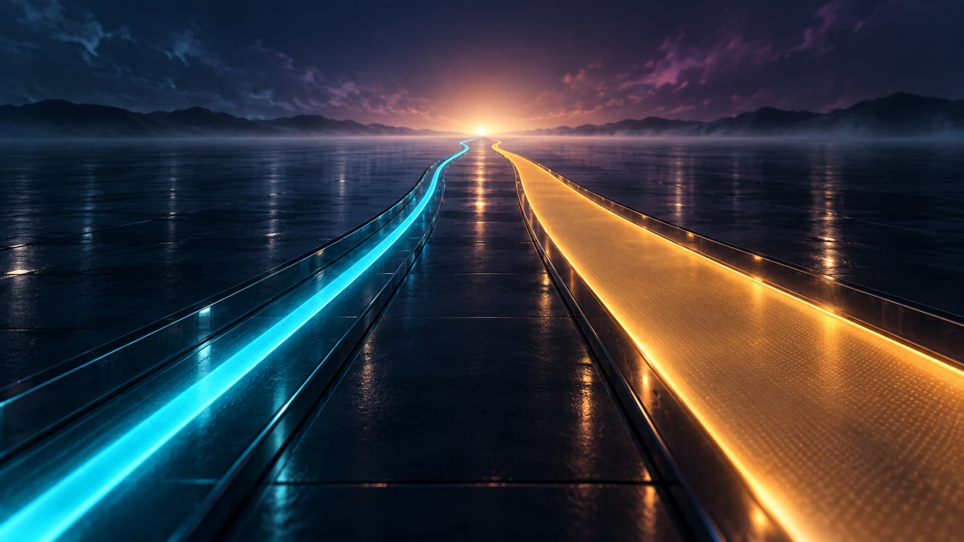 A dark glass routing board with two lit lanes, one cyan for complex work and one amber for high-volume tasks, both leading toward the same distant horizon glow