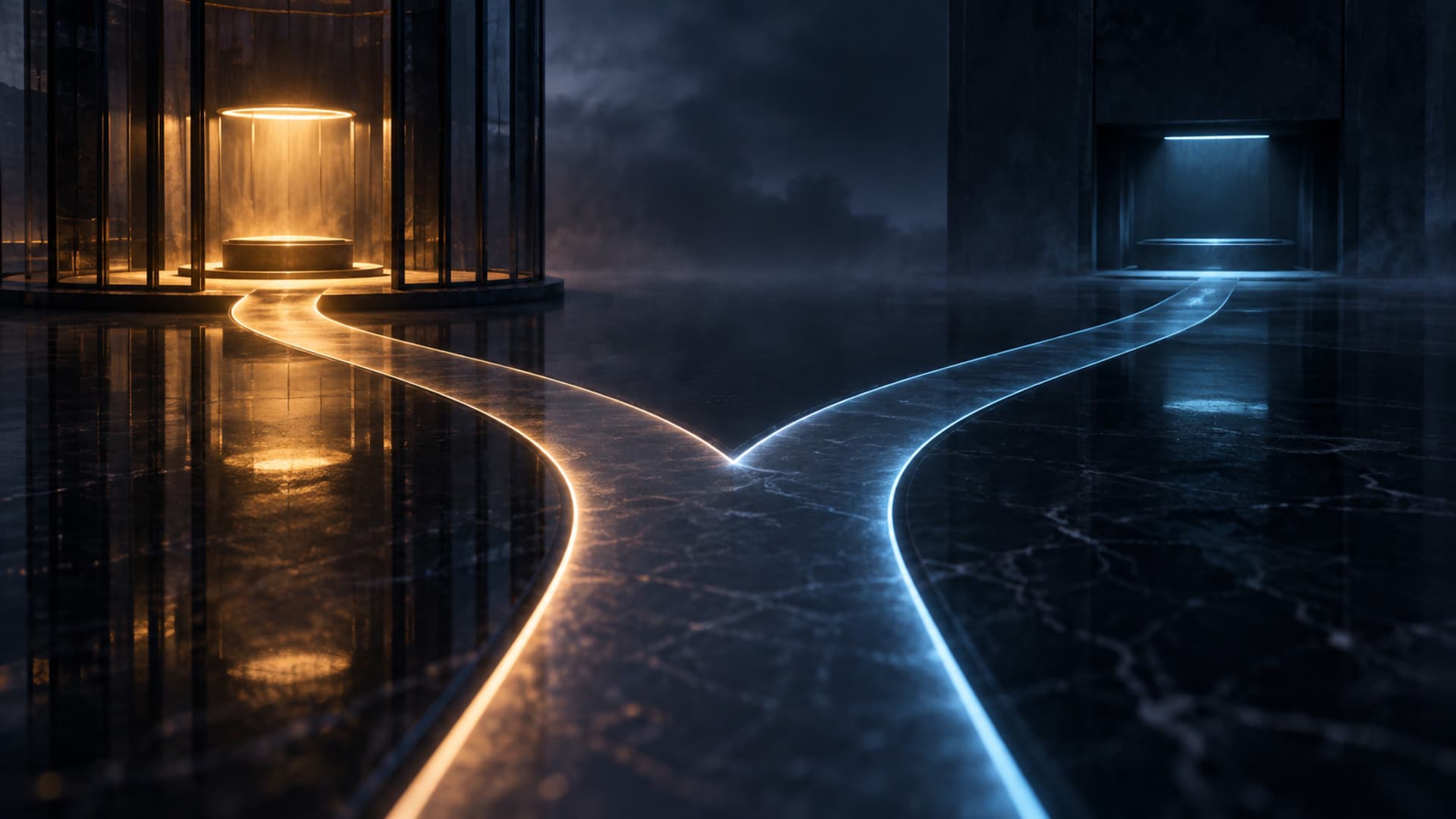 Two paths on dark glass: one toward a watched amber desk light for human-gated disclosure, one toward an empty distant cold public inbox slot