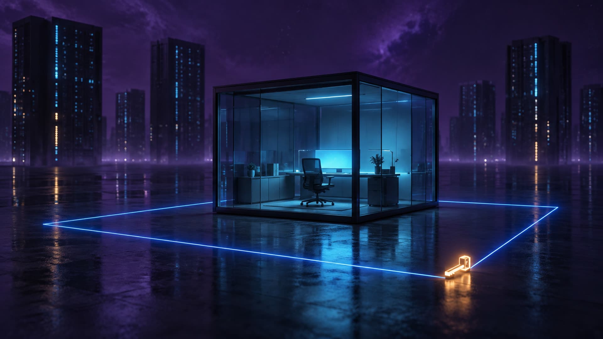A glass workstation cube on a dark plain, surrounded by a thin glowing blue perimeter line with a small amber key resting at its edge