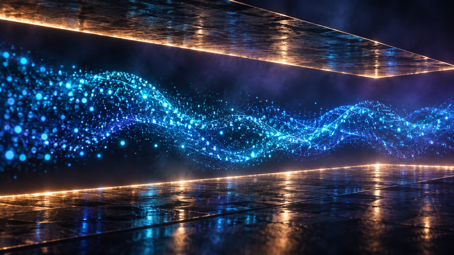 A river of blue and cyan light particles flowing between a lower floor plane and an upper ceiling plane, both edged in amber light