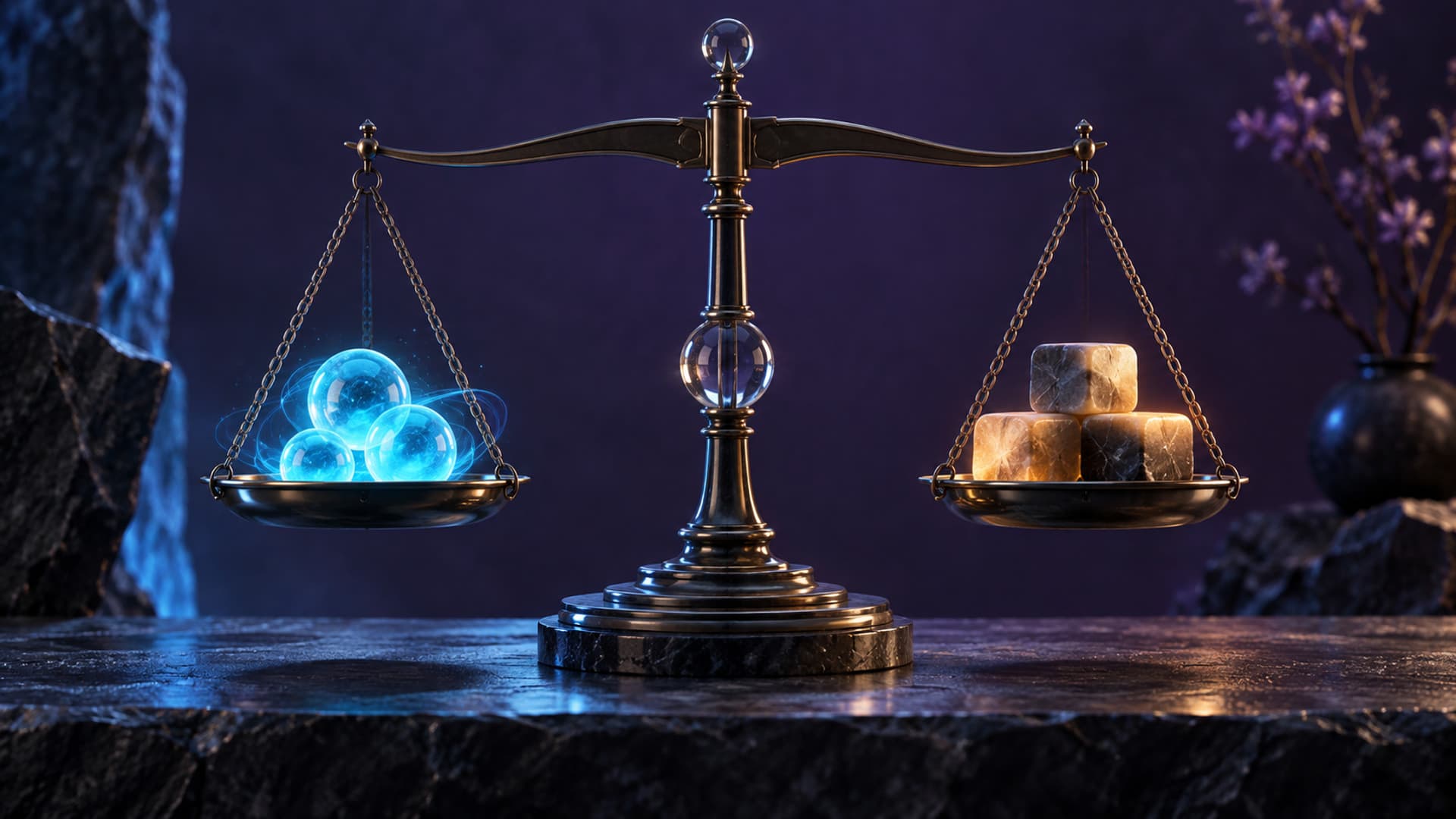 An antique balance scale resting level on dark stone, with glowing cyan orbs in one pan and amber-lit stone blocks in the other