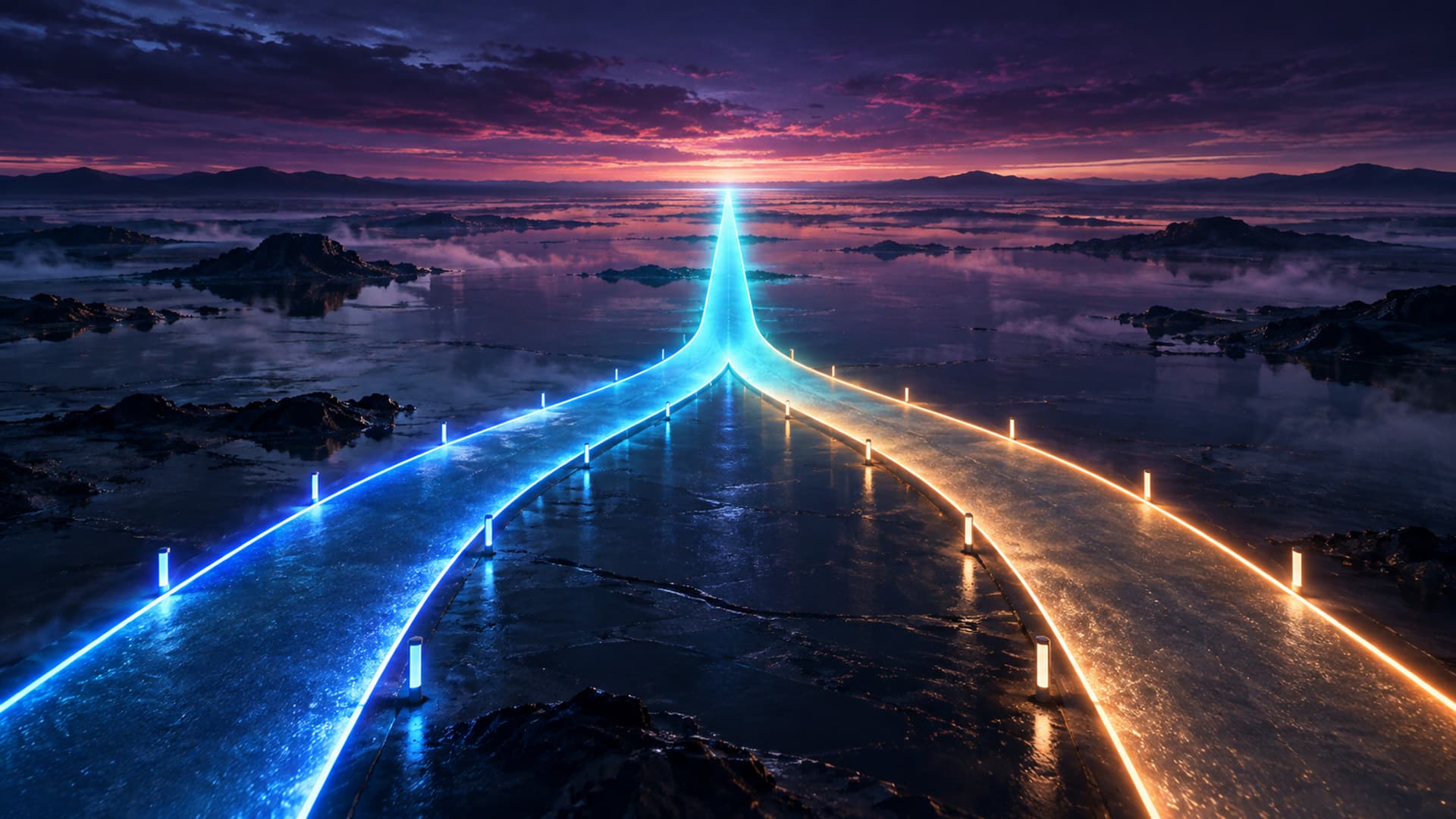A single glowing path from the horizon splitting into two lit roads across a dark reflective plain at dusk, one edged in blue and one in warm amber