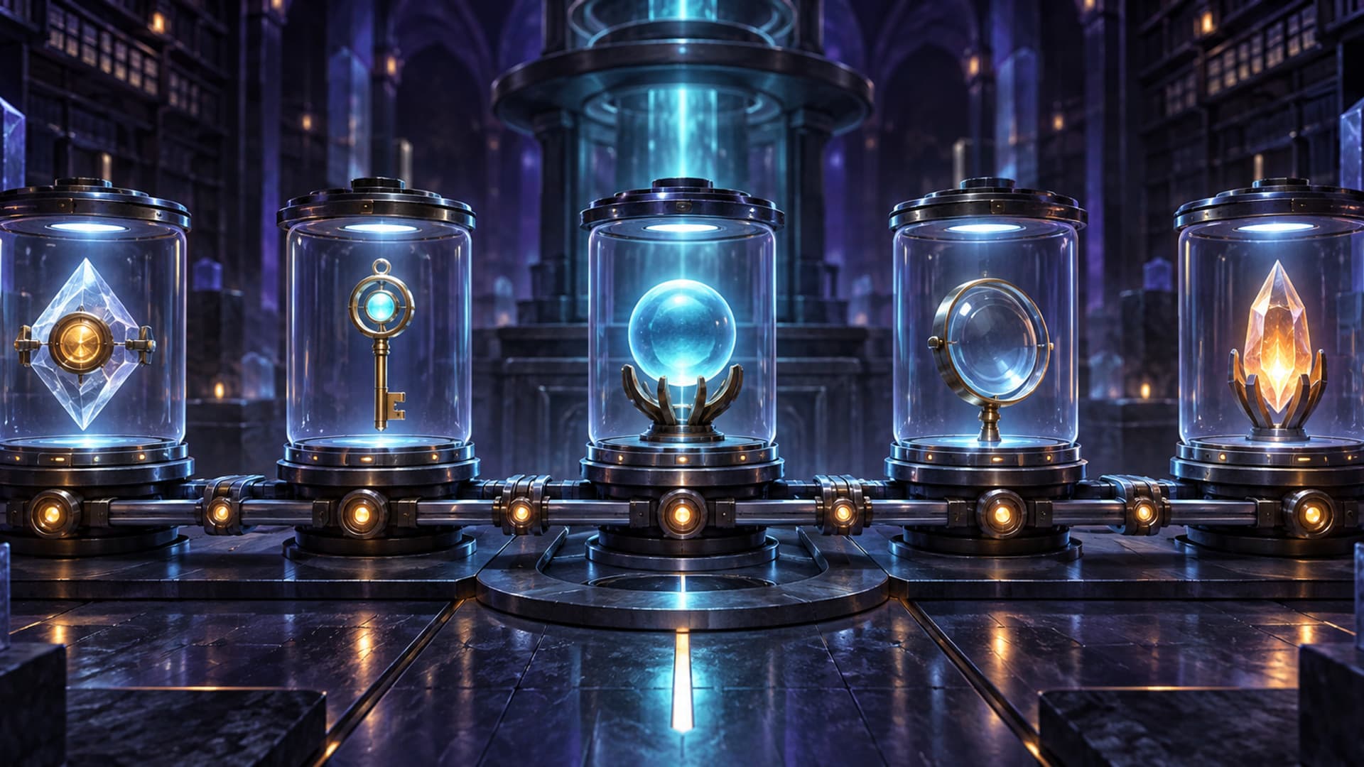 A dark navy evidence vault with sealed glass cases, a calm cyan beam illuminating one open record, and amber warning lights in the distance, no text or logos