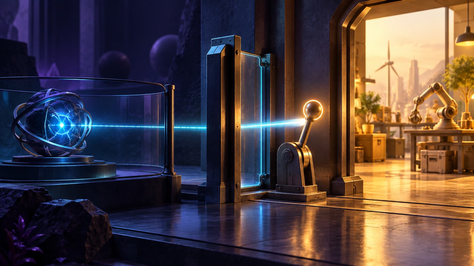 A narrow cyan beam crossing from a guarded blue workspace into a warm amber room, stopping at a human-sized control lever before any external action, no text or faces