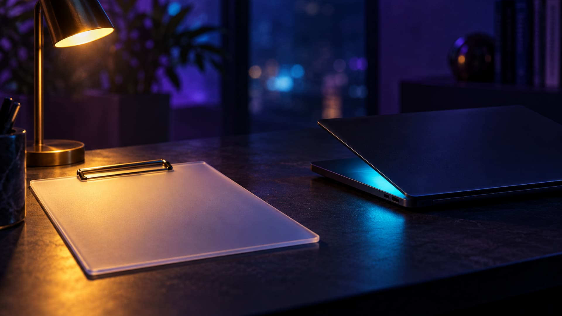 A quiet workstation desk at night with a blank job-sheet clipboard under a small amber lamp, next to a dark idle laptop whose screen shows only a soft cyan standby glow