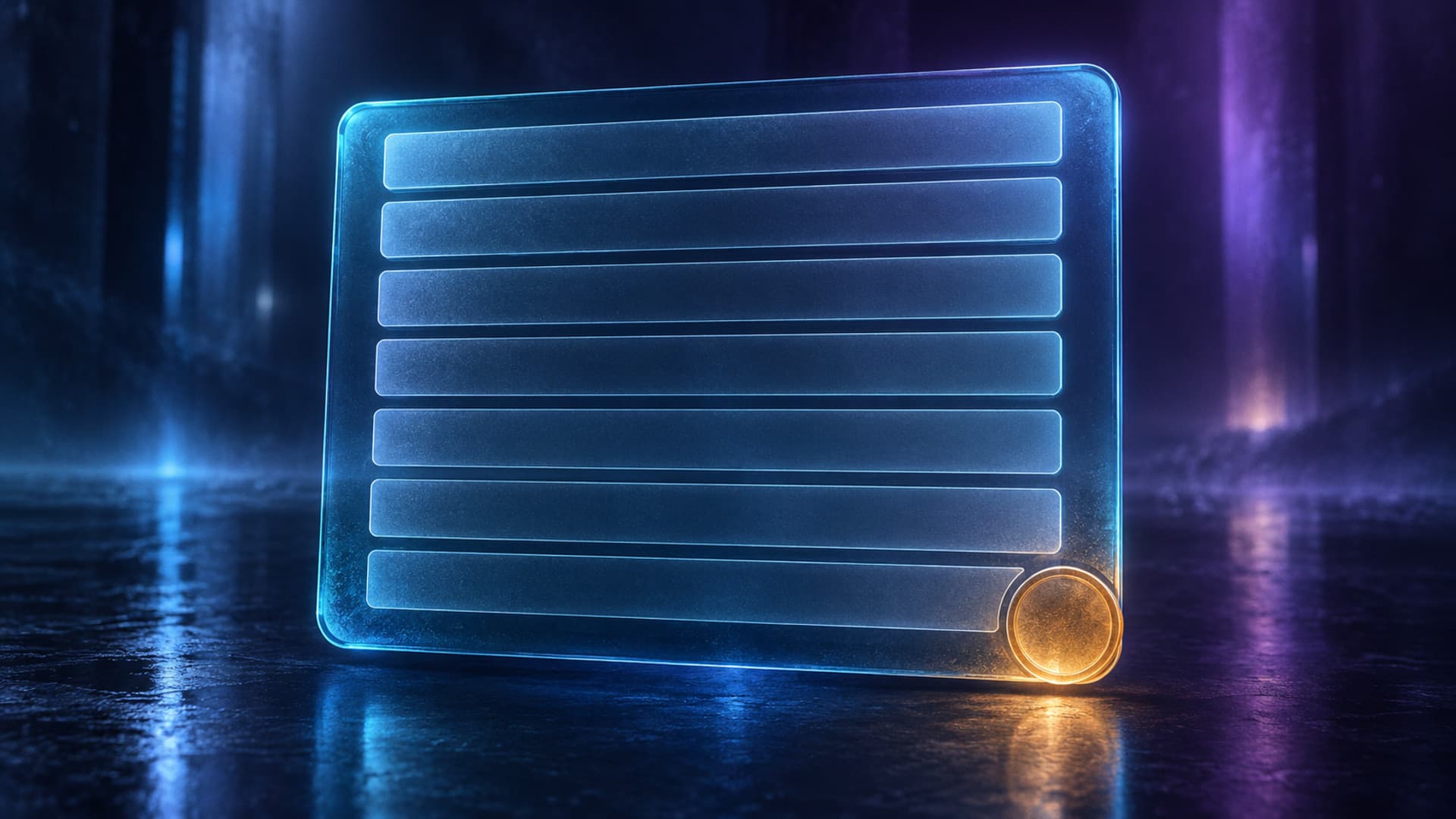 A translucent cyan checklist panel floating above a dark navy surface, with eight empty frosted rows and a single amber seal at the bottom corner, no text