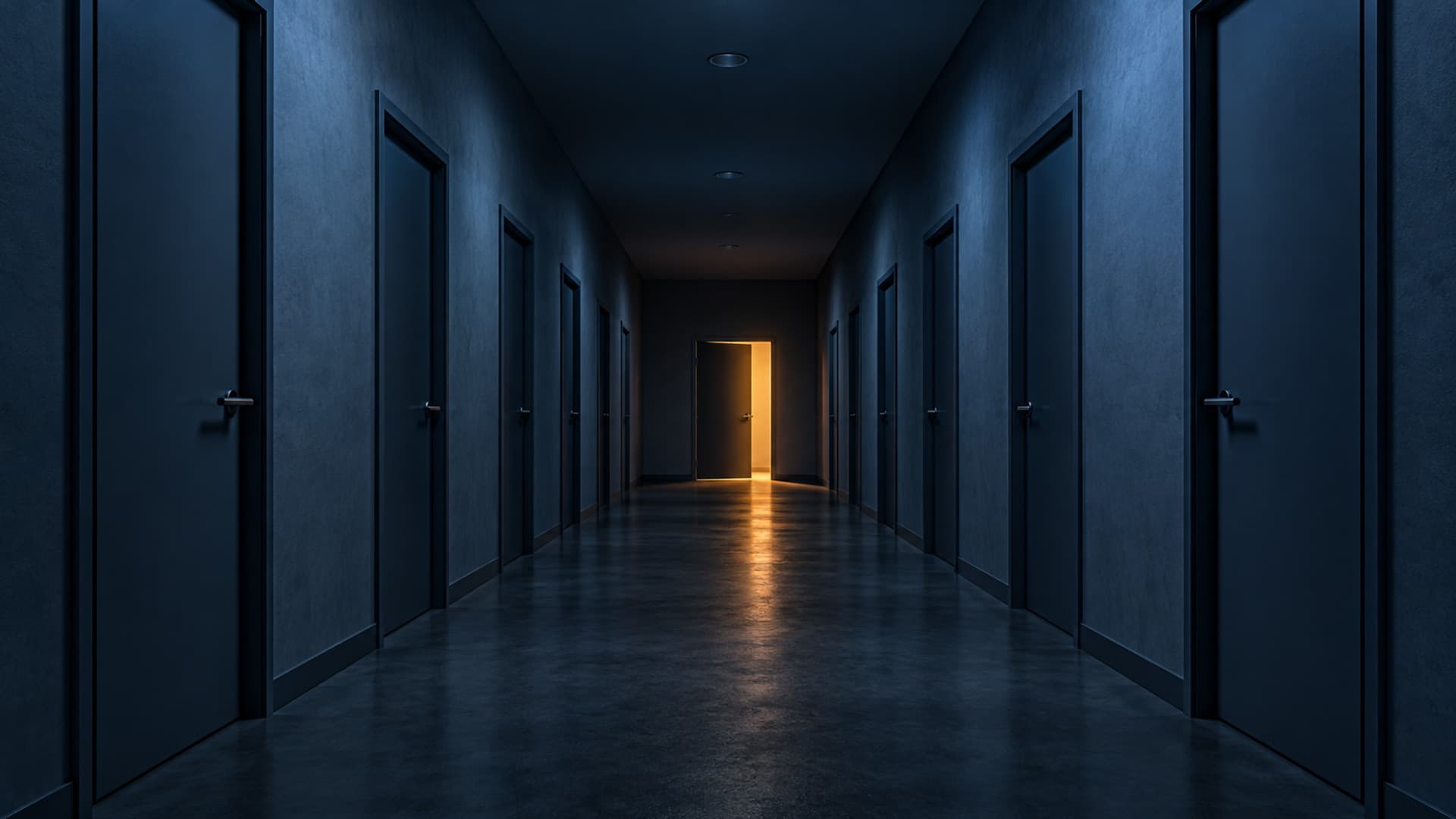 A dimly lit corridor of identical closed doors in cool blue light, with one small service door at the far end left slightly open and glowing amber
