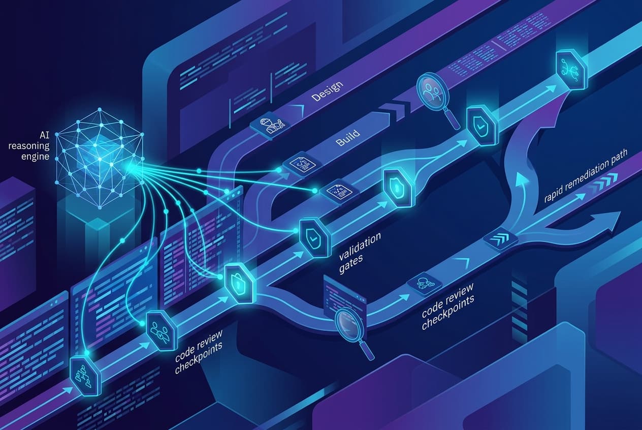 Enterprise security illustration of a secure software delivery pipeline under pressure from model-speed exploit discovery, with validation gates, ownership lanes, and rapid remediation checkpoints