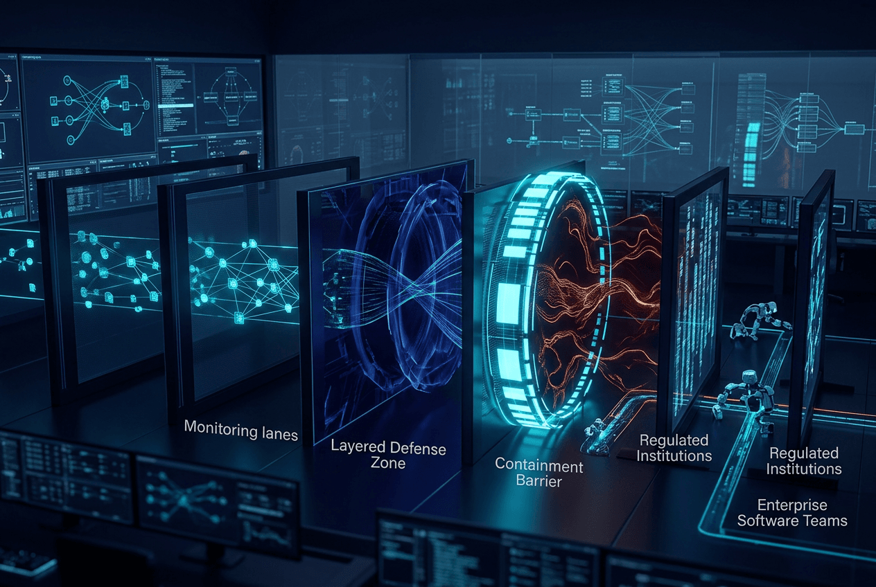 Cinematic risk-control room showing banks, cloud defenders, and software teams responding to frontier cyber models with layered defense zones, monitoring lanes, and containment barriers