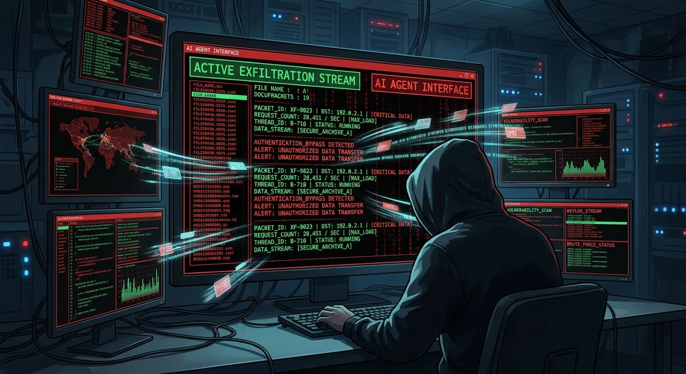 AI-orchestrated intrusion workflow moving through reconnaissance, exploitation, and exfiltration
