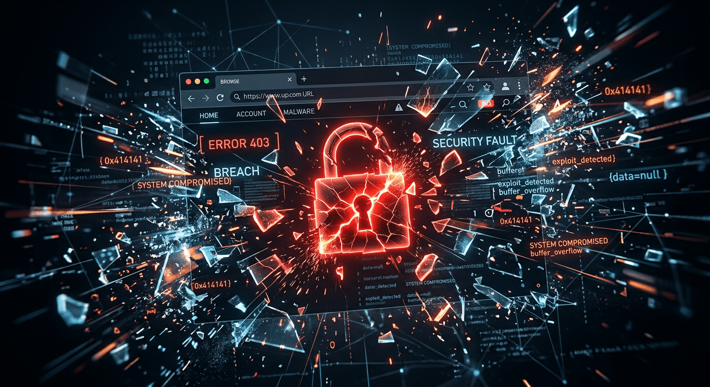 A shattered digital interface with a broken lock, representing the Comet browser security breach