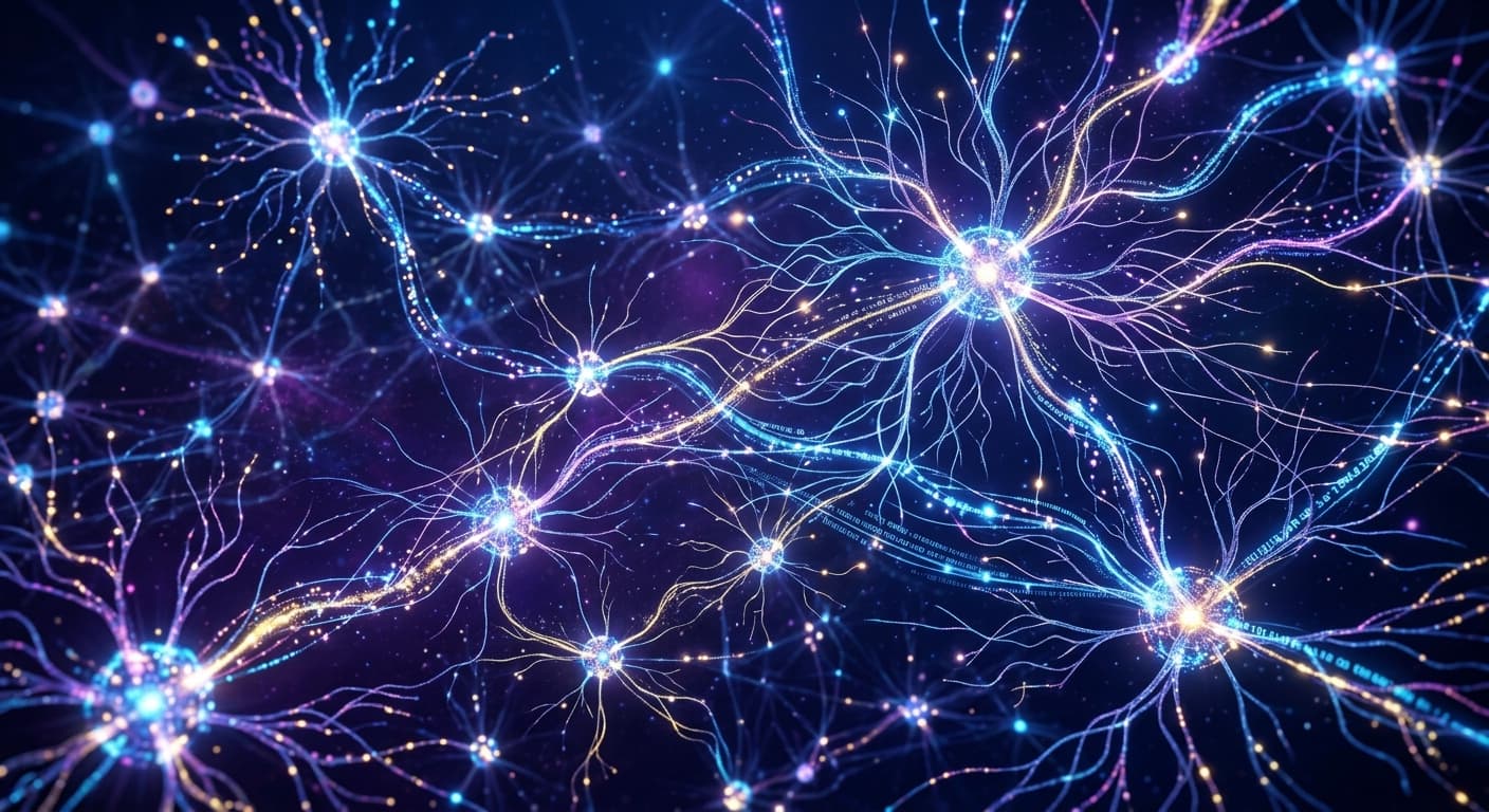 Abstract visualization of autonomous AI agents operating across interconnected nodes, with branching decision pathways rendered as glowing neural circuits against a dark blue background