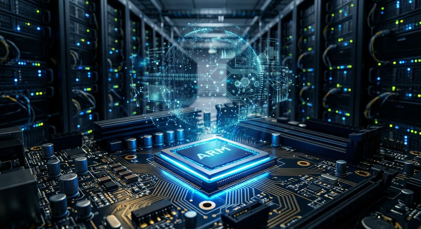 Futuristic data center interior with rows of illuminated server racks, cool blue and purple lighting, holographic data streams flowing between processors