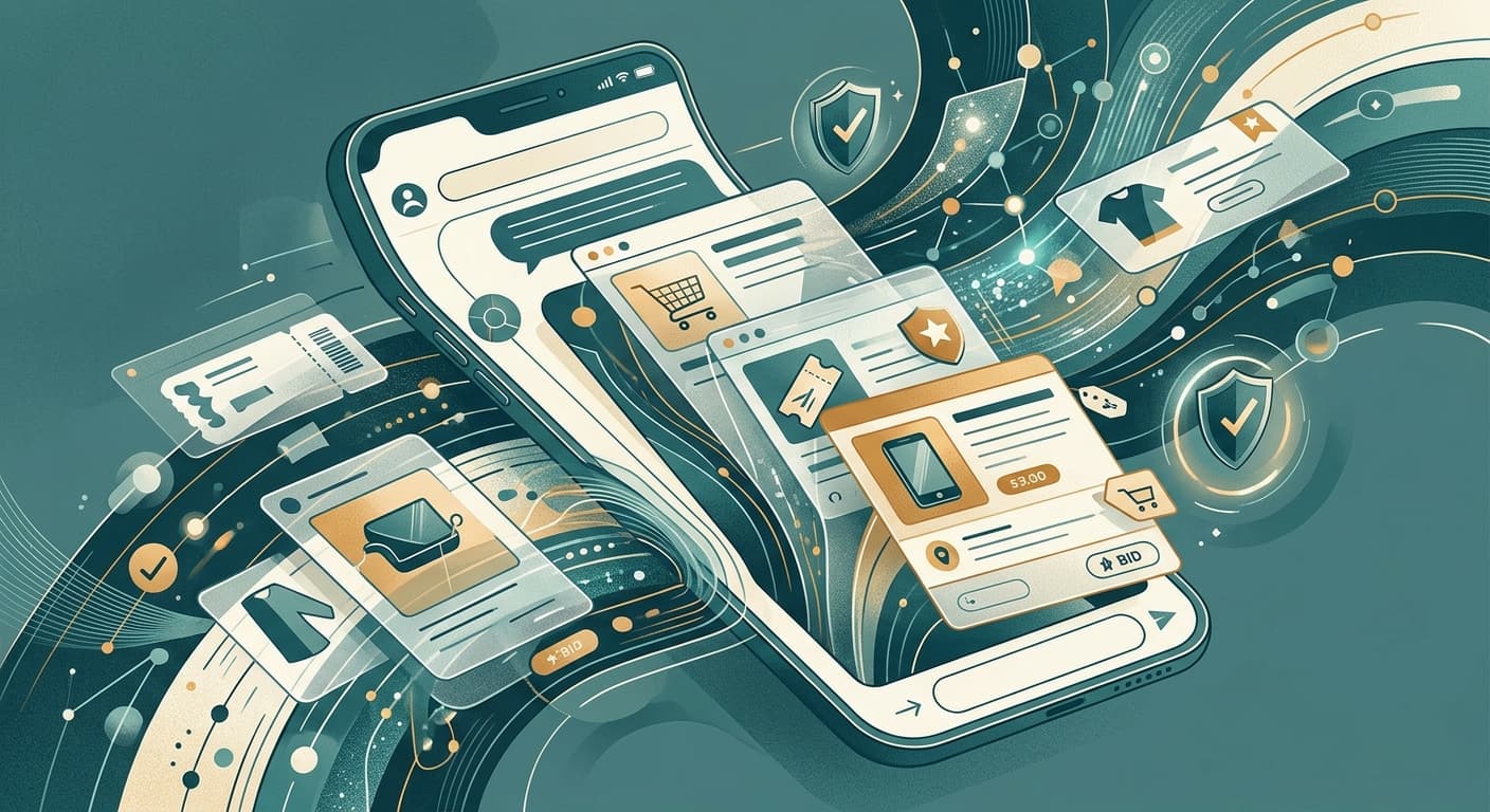 A sleek AI chat interface transformed into a discovery marketplace with sponsored placements, merchant feeds, recommendation modules, and trust indicators competing for space, premium editorial product illustration, clean white and deep teal palette with amber accents