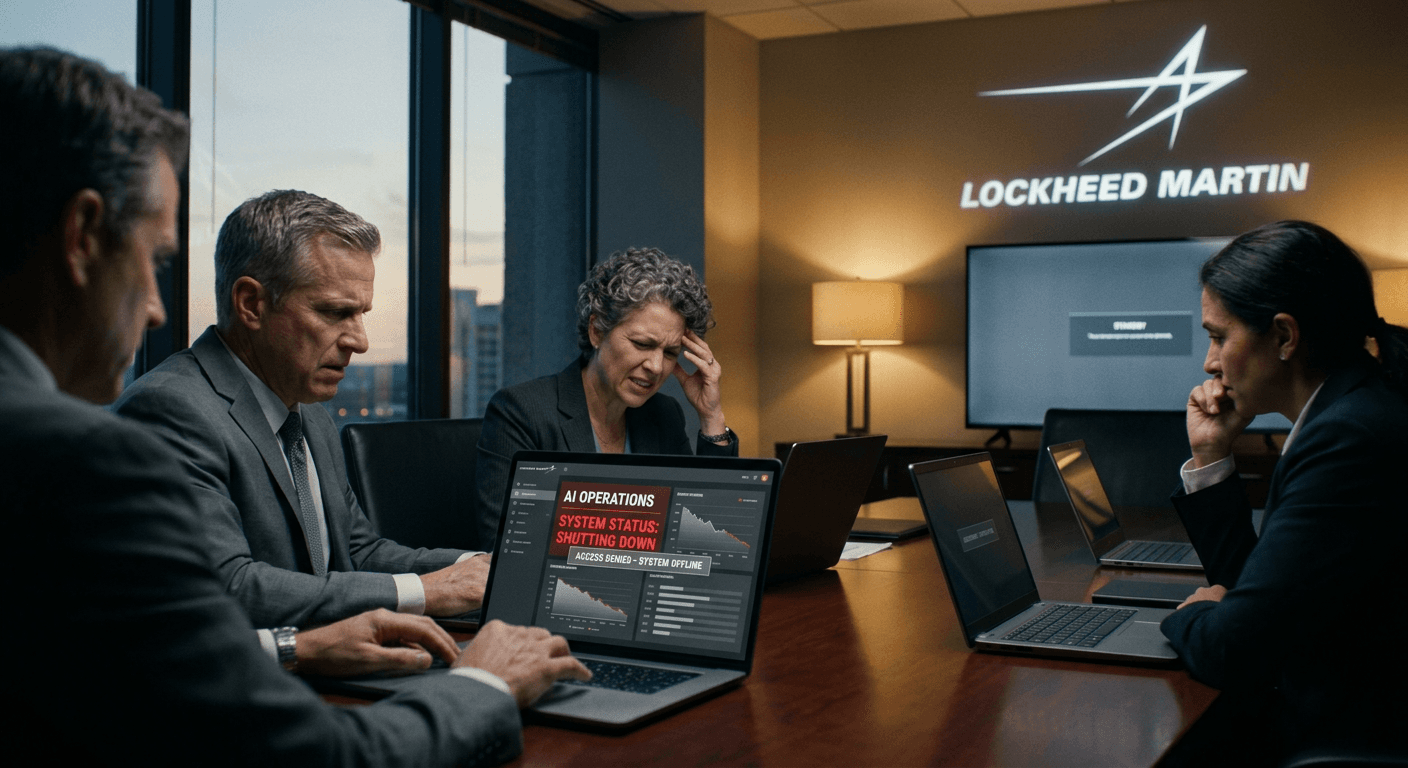 Corporate boardroom with executives looking tense at laptops showing an AI dashboard being shut down