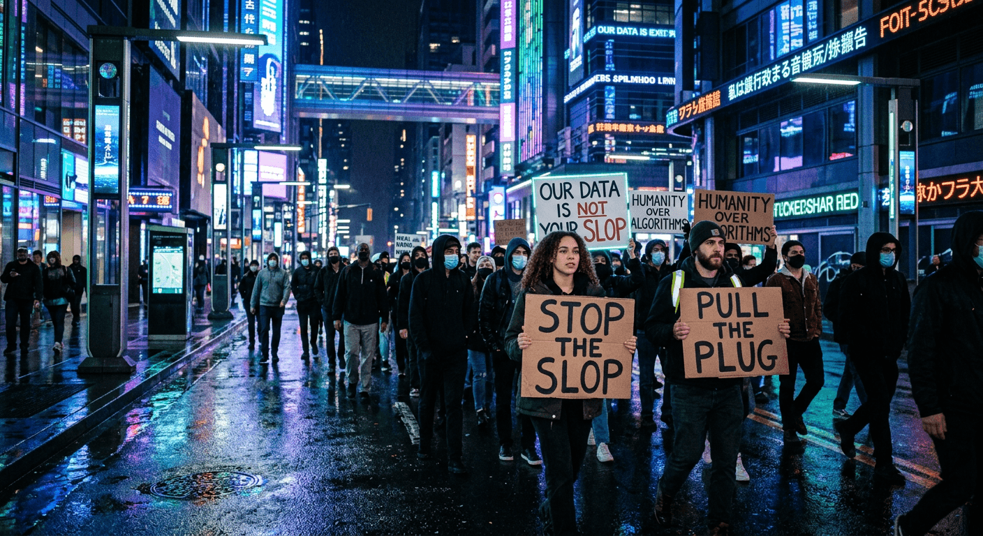 Protesters marching through a futuristic tech district at night holding signs reading STOP THE SLOP and PULL THE PLUG