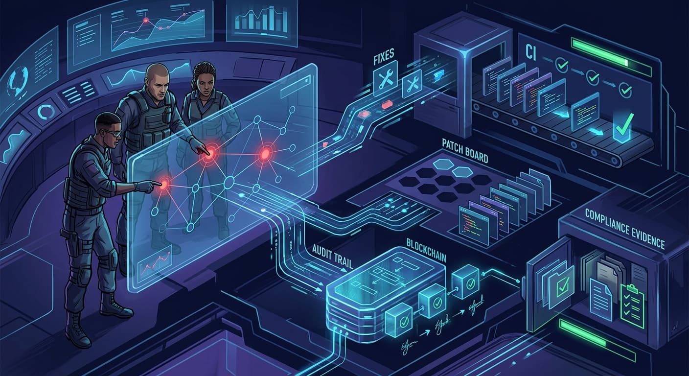 An enterprise release control room where AI-discovered vulnerabilities are tied to remediation tickets, signed approvals, deployment evidence, and compliance dashboards, premium cinematic cybersecurity illustration, deep navy and violet palette with crisp cyan highlights