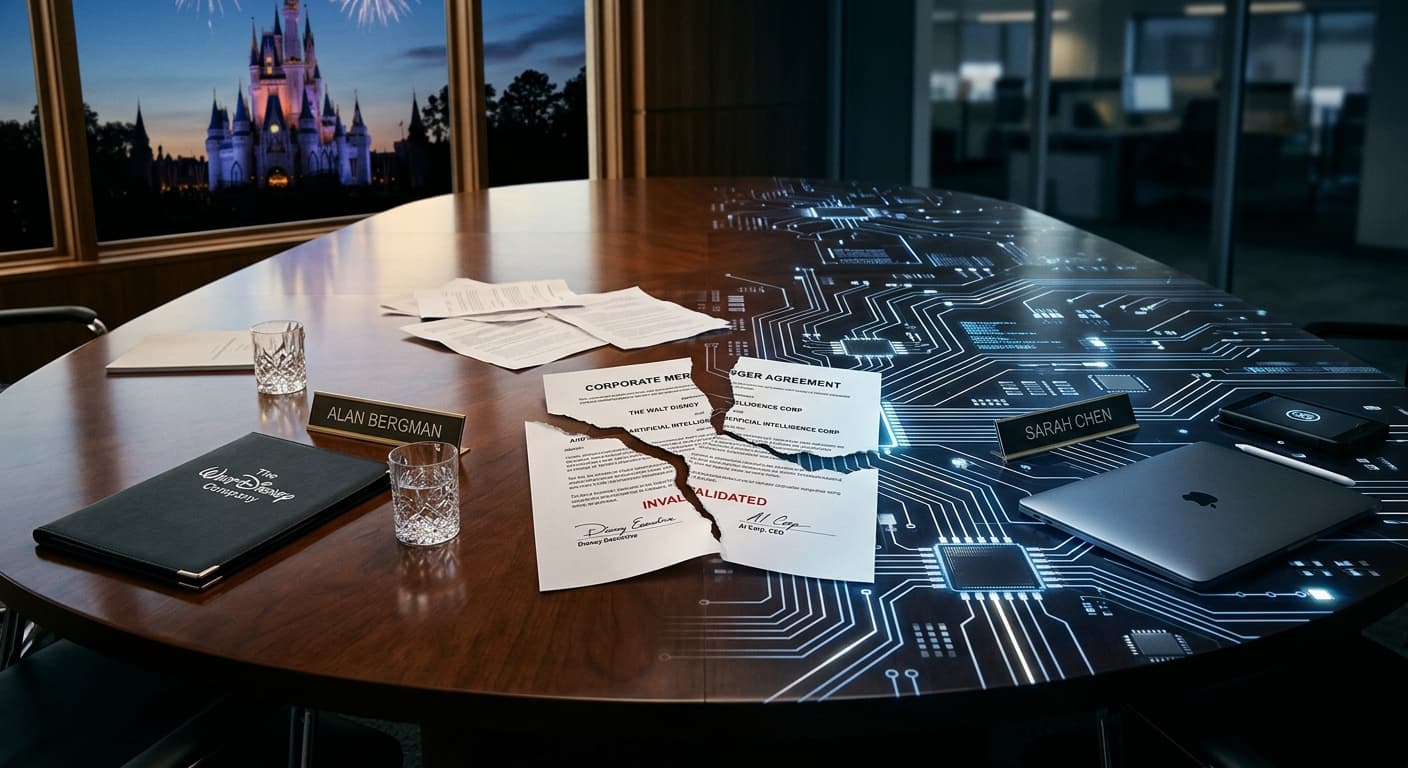 A torn contract on a boardroom table with Disney castle and AI circuit board