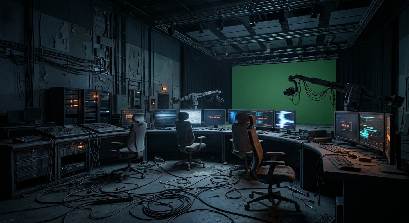 An abandoned AI video production studio with flickering screens