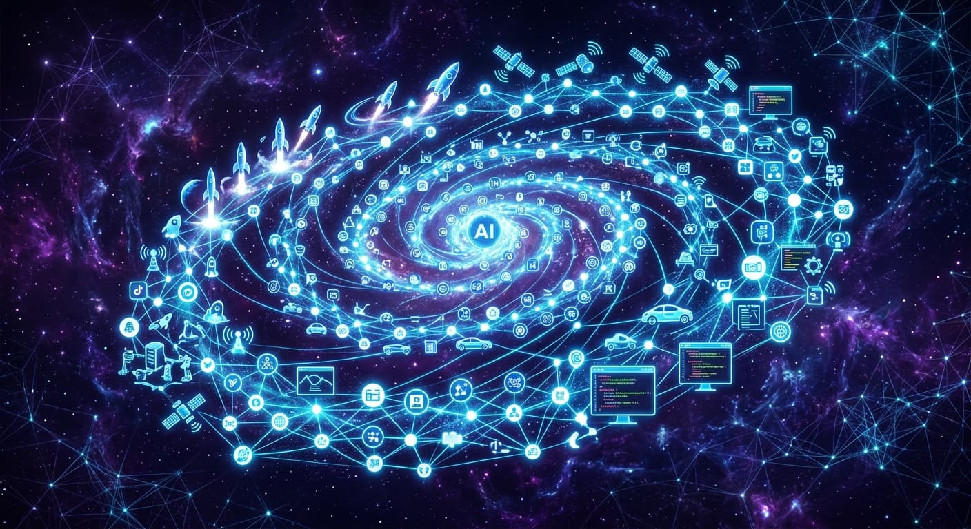 SpaceX, Cursor, and xAI nodes linked across an AI infrastructure map