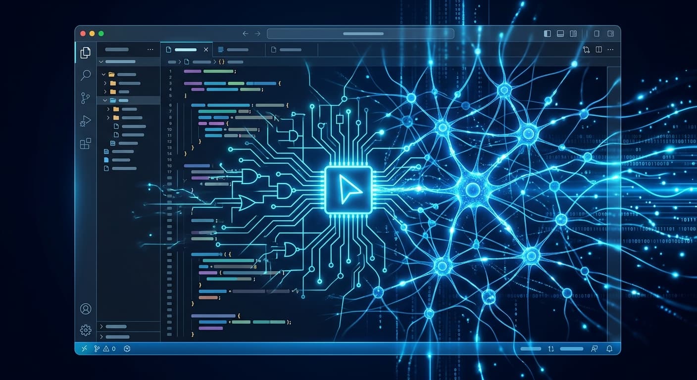 Developers working inside an AI-native code editor while large platform logos loom in the background
