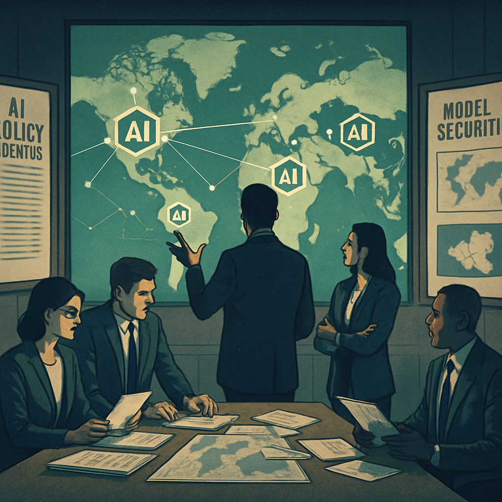 AI geopolitics strategy room with data and policy maps
